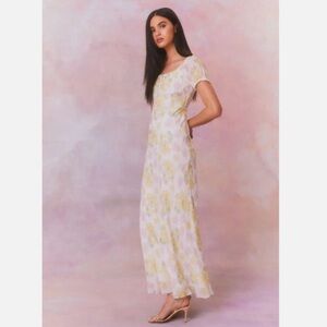 LoveShackFancy Kelila Lace Trim Floral Print Chiffon Maxi Dress Yellow Pink
